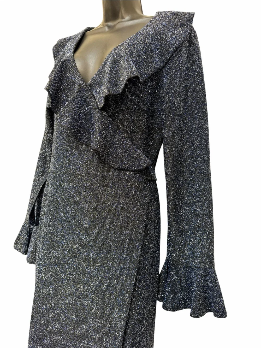 Free People Metallic Wrap Maxi Dress Navy Blue Ruffle Bell Sleeve Large - Picture 5 of 14